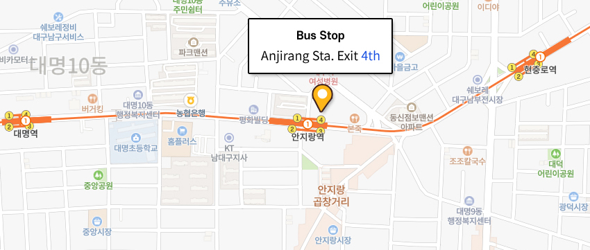 빨강색선(503) : 계명대학교-조달청-달성고-두류네거리-대구가톨릭대학교병원-안지랑네거리-영대병원네거리-반월당-중앙로역-경대교-경대정문-복현네거리-엑스코-산격대교, 연두색선(623) : 대곡역-월성네거리-서부정류장-대구가톨릭대학교병원-두류네거리-서구청-중앙로역-경대교-연암네거리-복현오거리-성광고등학교, 하늘색선(순환3, 순환3-1) : 범물1동 주민센터-황금고가교-남부정류장-복현네거리-복현오거리-산격중-침산교-노원네거리-만평네거리-북부정류장-대구가톨릭대학교병원-영대병원네거리-중동교, 보라색선(서구1, 서구1-1) : 상리동-중리네거리-달서초교-만평네거리-노원네거리-북비산네거리-내당역-대구가톨릭대학교병원-서부정류장-본리초교-대구의료원-서대구공단 노선안내