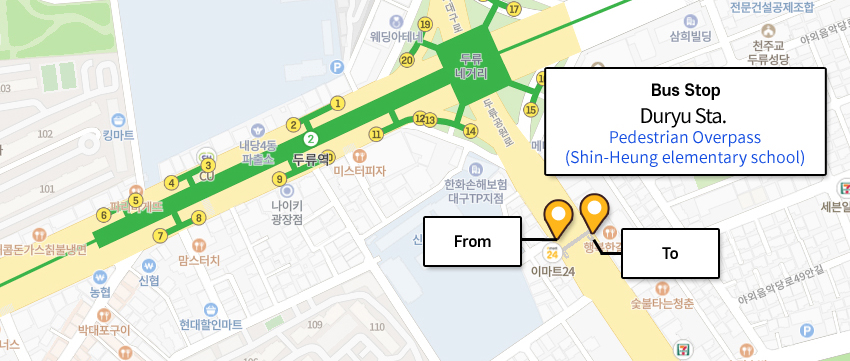 빨강색선(503) : 계명대학교-조달청-달성고-두류네거리-대구가톨릭대학교병원-안지랑네거리-영대병원네거리-반월당-중앙로역-경대교-경대정문-복현네거리-엑스코-산격대교, 연두색선(623) : 대곡역-월성네거리-서부정류장-대구가톨릭대학교병원-두류네거리-서구청-중앙로역-경대교-연암네거리-복현오거리-성광고등학교, 하늘색선(순환3, 순환3-1) : 범물1동 주민센터-황금고가교-남부정류장-복현네거리-복현오거리-산격중-침산교-노원네거리-만평네거리-북부정류장-대구가톨릭대학교병원-영대병원네거리-중동교, 보라색선(서구1, 서구1-1) : 상리동-중리네거리-달서초교-만평네거리-노원네거리-북비산네거리-내당역-대구가톨릭대학교병원-서부정류장-본리초교-대구의료원-서대구공단 노선안내