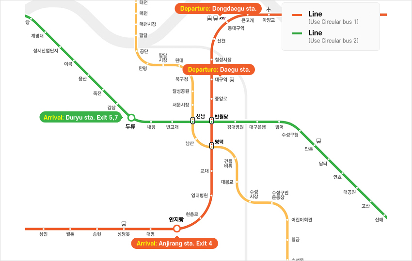 Arrival: Duryu sta. Exit 5,7, Arrival: Anjirang sta. Exit 4