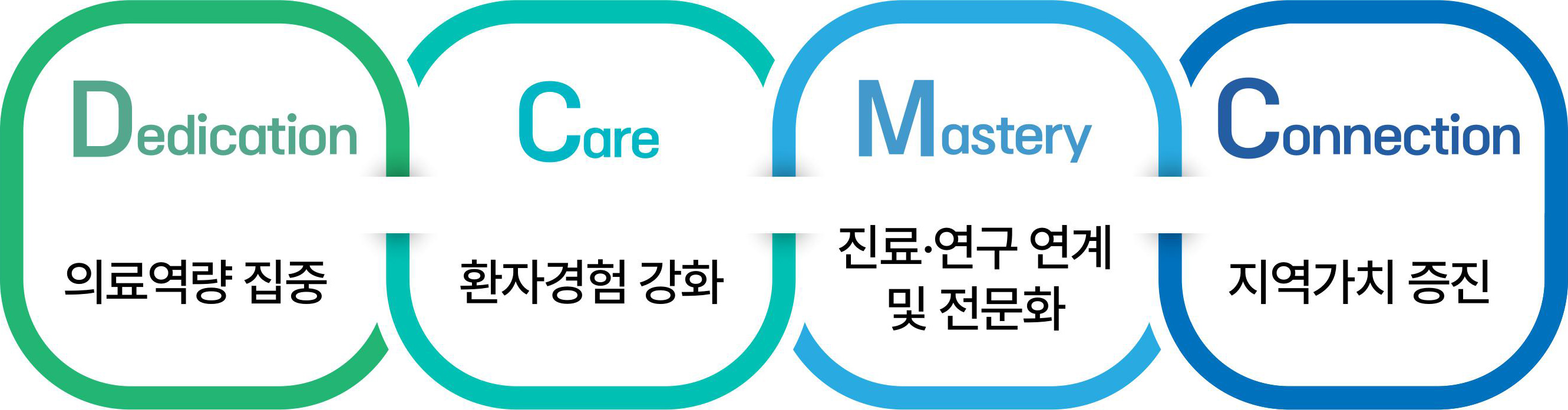 전략방향: Dedication 의료역량 집중, Care 환자경험 강화, Mastery 진료·연구 연계 및 전문화, Connection 지역가치 증진