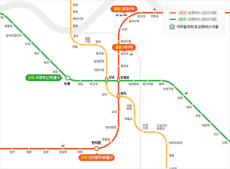 출발 : 대구역, 동대구역 / 도착 : 두류역 5번 7번 출구, 안지랑역 4번출구